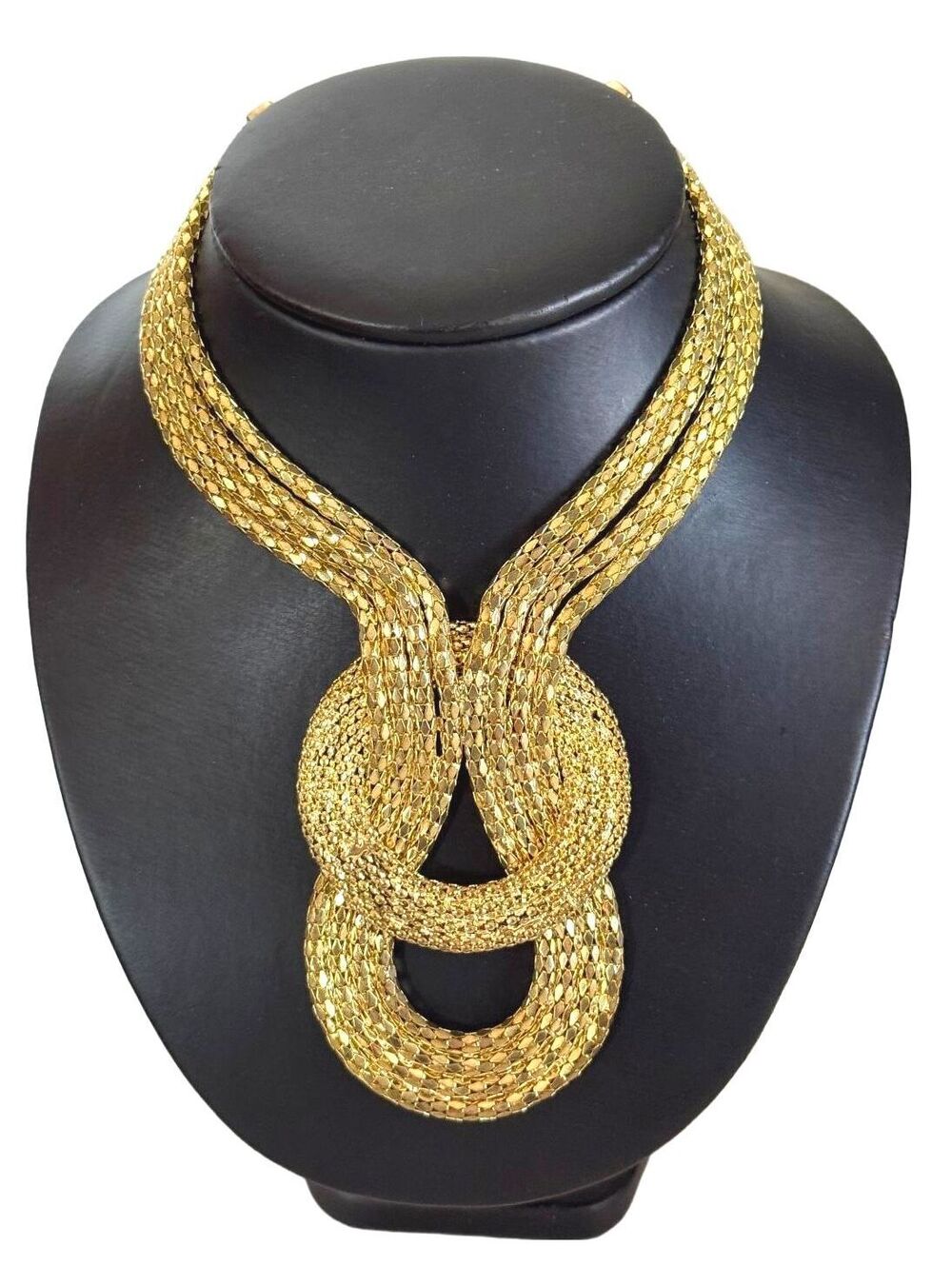 Vintage Gold Tone Multi Strand Mesh Collar Bib Statement Necklace Maximalist